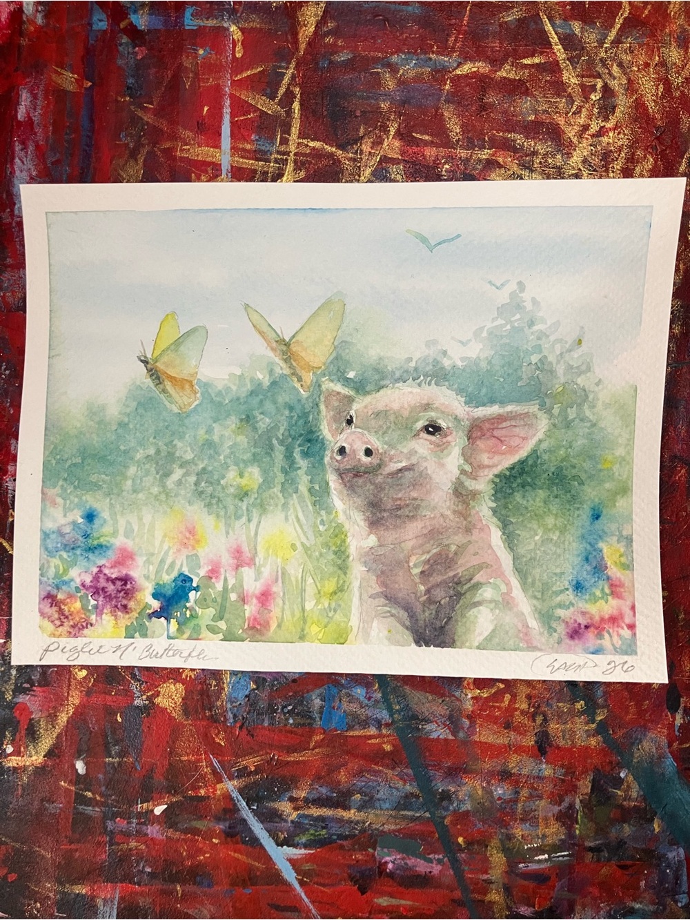 ORIGINAL piglet butterfly landscape painting pig farm art animal artwork ranch